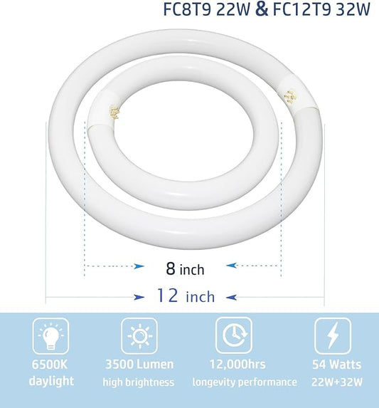 Circular Light Bulbs Set FC12T9-DL and FC8T9-DL Daylight Fluorescent Lamp,Circline 6500K 12inch T9 32Watts and 8inch 22Watts Replacement for Ceiling Light,12,000hrs Long Lifespans
