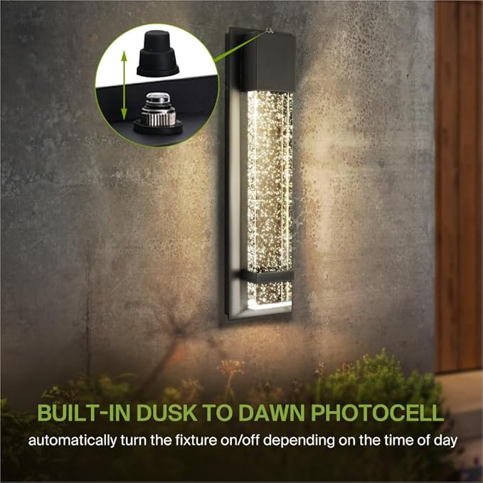 ASD LED 18" Bubble Glass Wall Light Fixture, Outdoor Dusk to Dawn Sconce | 3CCT, Waterproof, Photocell, ETL Listed | 12W 500LM 3000-5000K 120V | Exterior Lantern, Porch Lighting | Black, 2 Pack