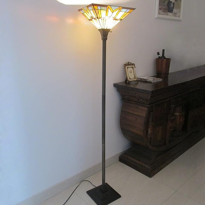 Tiffany Style Mission Floor Lamp Stained Glass Shade Torchiere Lamps, Vintage Uplight Standing Light Fixture for Living Room Bedroom Office, Multi-Colored