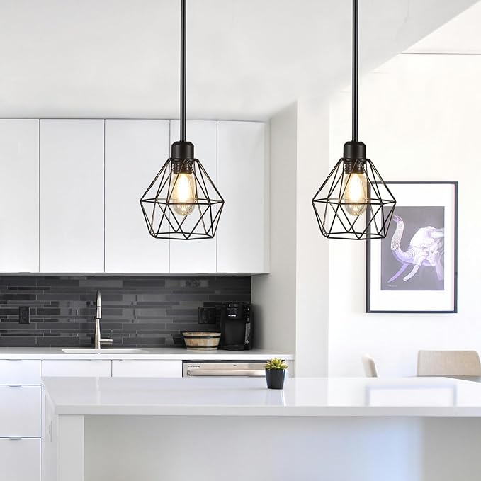 2 Pack Black Pendant Lights Kitchen Island, Modern Farmhouse Hanging Light Fixture with Metal Cage Shade, Industrial Pendant Light for Kitchen Dining Area Entryway, Adjustable Height