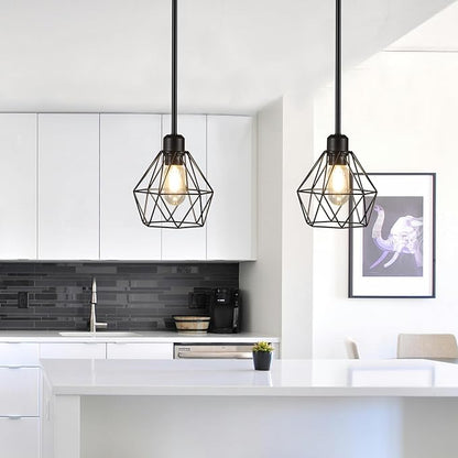 2 Pack Black Pendant Lights Kitchen Island, Modern Farmhouse Hanging Light Fixture with Metal Cage Shade, Industrial Pendant Light for Kitchen Dining Area Entryway, Adjustable Height