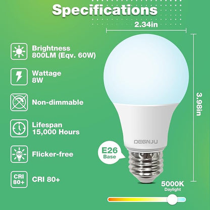 LED Light Bulbs, 60 Watt Equivalent LED Bulbs A19, 5000K Daylight, 800 Lumen, E26 Standard Base, Non-Dimmable, 8W Daylight LED Bulbs for Bedroom Living Room, 12 Pack