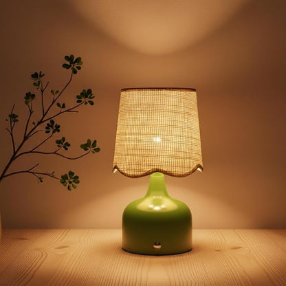 Cordless Boho Table Lamp Green, Wicker Shade, 5200-mAh Rechargeable Battery, 3-Way Dimmable, Build-in Integrated LED 320 Lumen Max, for Bedside Living Room
