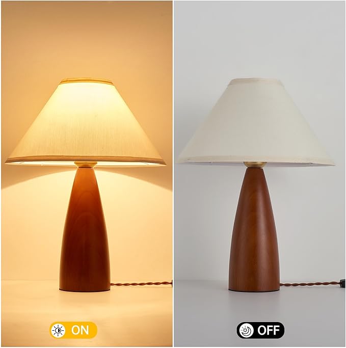 Bedside Table Lamp for Bedroom, Mid-Century Modern Plug in Fabric Shade & Solid Wood Base Desk Lamp, Plug & Play Red Wood Nightstand Lamp for Living Room, Office 【Bulb Included】