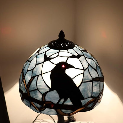 Bieye L10956 Raven Sitting on Bare Tree Branch in Full Moon Night Tiffany Style Stained Glass Table Lamp for Home Decor (Dark Blue, 12Wx20H)