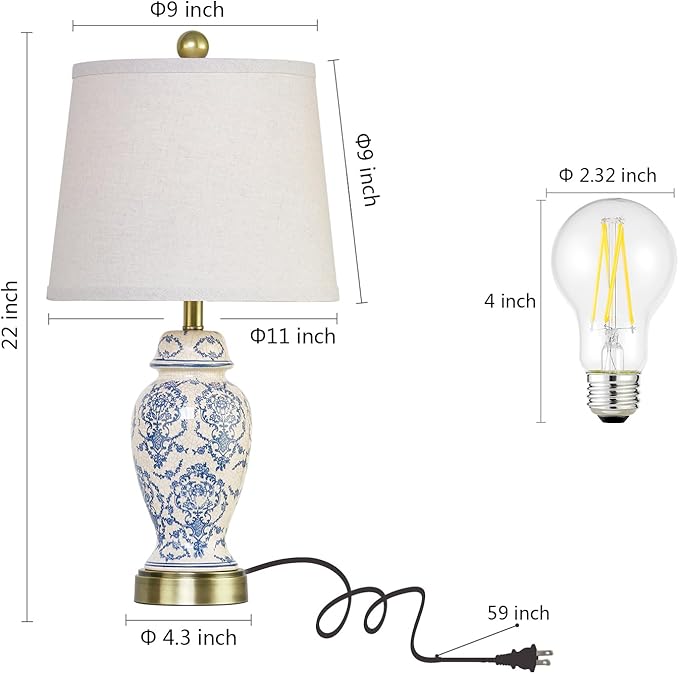RORIANO Chinoiserie Ceramic Table Lamps Set of 2 for Living Room Bedroom Bedside, Traditional Blue Porcelain Classic Table Lamp for Nightstand Entryway, 2 LED Bulbs Included