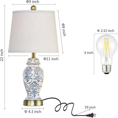 RORIANO Chinoiserie Ceramic Table Lamps Set of 2 for Living Room Bedroom Bedside, Traditional Blue Porcelain Classic Table Lamp for Nightstand Entryway, 2 LED Bulbs Included