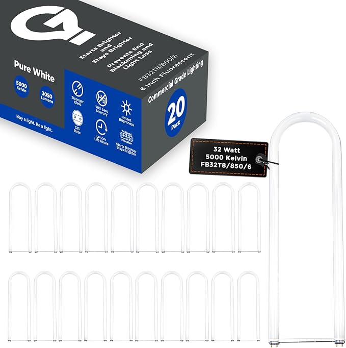 GoodBulb 32 Watt 6 Inch T8 Fluorescent U-Bend Light Bulb 5000K Daylight Medium Bi-Pin Base High Output 3050 Lumens 32W 10000 Life Hours 80 CRI (Pack of 20)