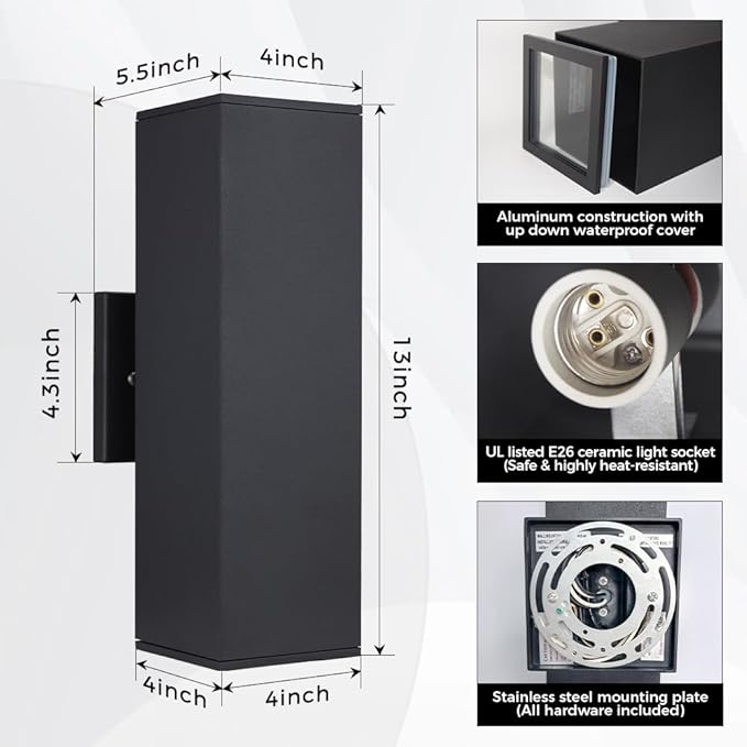 Cerdeco 2 Pack Aluminum Modern Outdoor Wall Light, 13" Exterior Up Down Light Fixtures,Black Front Door Wall Lighting with E26 Sockets [ETL Listed]