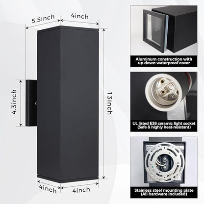 Cerdeco 2 Pack Aluminum Modern Outdoor Wall Light, 13" Exterior Up Down Light Fixtures,Black Front Door Wall Lighting with E26 Sockets [ETL Listed]