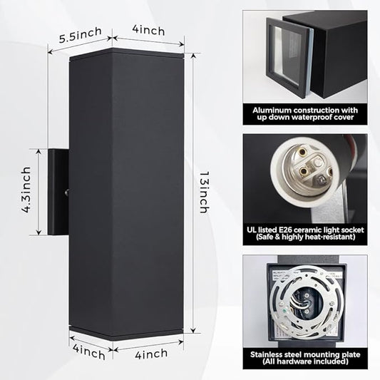 Cerdeco 2 Pack Aluminum Modern Outdoor Wall Light, 13" Exterior Up Down Light Fixtures,Black Front Door Wall Lighting with E26 Sockets [ETL Listed]