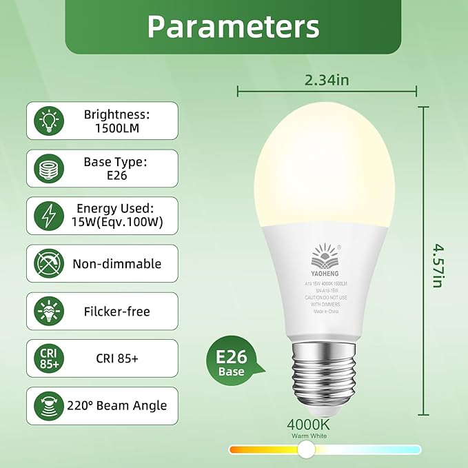 A19 LED Light Bulb, 100 Watt Equivalent LED Bulbs, 4000K Neutral White, 1500 Lumens, Standard E26 Base, Non-Dimmable, 15W Super Bright Light Bulbs for Home, Office Lamp, ETL Listed(20-Pack)