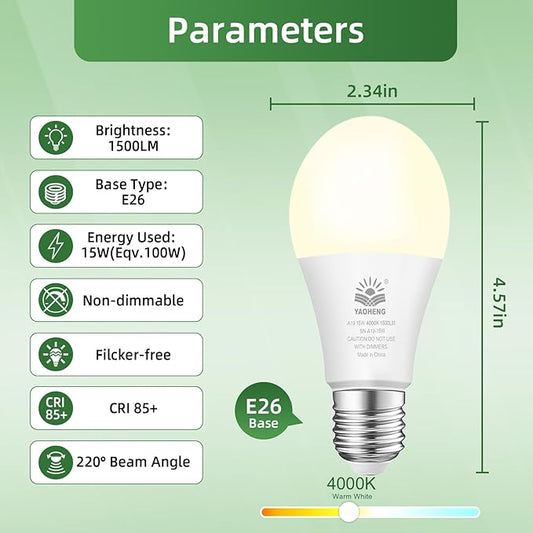 A19 LED Light Bulb, 100 Watt Equivalent LED Bulbs, 4000K Neutral White, 1500 Lumens, Standard E26 Base, Non-Dimmable, 15W Super Bright Light Bulbs for Home, Office Lamp, ETL Listed(20-Pack)