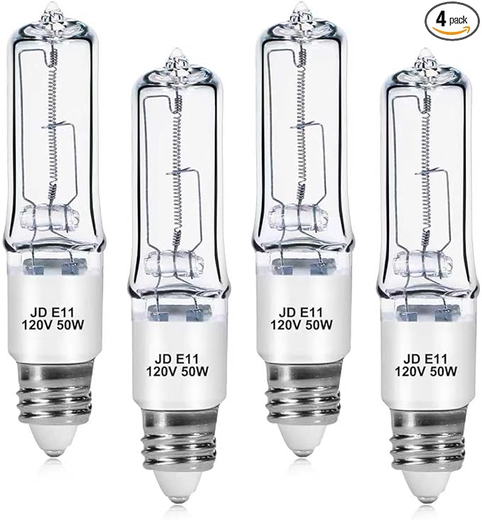 4-Pack JDE11 120V 50W Halogen Bulbs, E11 Mini Candelabra Base T4 Light Bulb, 600LM 2700K Warm White Dimmable for Ceiling Fan, Chandeliers, Pendant Lights and Accent Fixtures