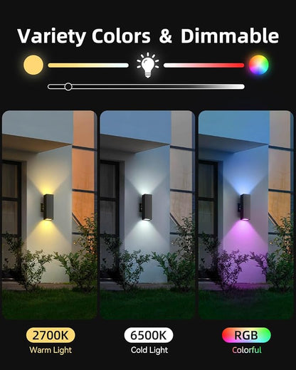 KIZON Smart Outdoor Wall Lights 2 Pack, RGB Dusk to Dawn Outdoor Lighting Waterproof Exterior Lighting Fixtures, Black Sconce Color Changing Porch Lights Up and Down Lights, ETL Listed