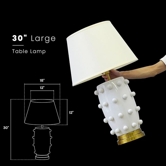Modern Ceramic Linden Table Lamp - 30" White Ball Farmhouse Design, Classic Nightstand Large Linden Lamp Tapered Drum Shade for Living Room, Bedroom, Office, and Home （White）