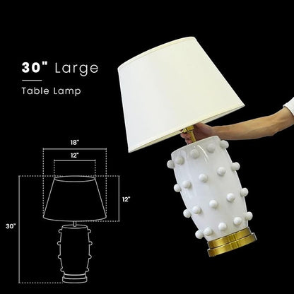 Modern Ceramic Linden Table Lamp - 30" White Ball Farmhouse Design, Classic Nightstand Large Linden Lamp Tapered Drum Shade for Living Room, Bedroom, Office, and Home （White）