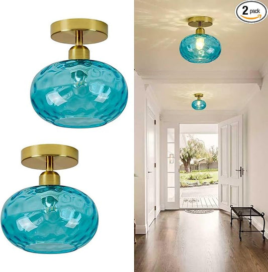 Blue Glass Semi Flush Mount Ceiling Light - 2 Pack,7.9 Inch Hammered Glass Small Hallway Light fixtures, Vintage Gold Art Deco Flush Mount Ceiling Light for entryway Foyer Laundry Room Kitchen