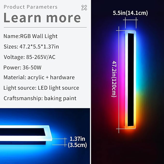 Widened 2 Pack Modern RGB Outdoor Wall Lights, 47.2inch 10 Colors Dimmable LED Wall Mount Sconces, 41W, IP65 Waterproof, Long Linear Garage Lighting Fixtures for Garden, Yard, House