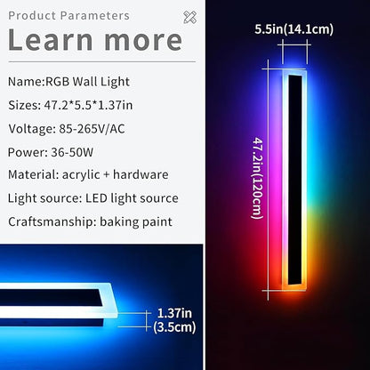 Widened 2 Pack Modern RGB Outdoor Wall Lights, 47.2inch 10 Colors Dimmable LED Wall Mount Sconces, 41W, IP65 Waterproof, Long Linear Garage Lighting Fixtures for Garden, Yard, House