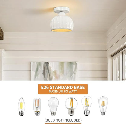 White Semi Flush Mount Ceiling Light - 2 Pack, Glaze Ceramic Vintage Hallway Light Fixtures, Milk White Globe Ceiling Lights, Mid Century Small Light Fixture for Cottage Entryway Laundry Room Foyer
