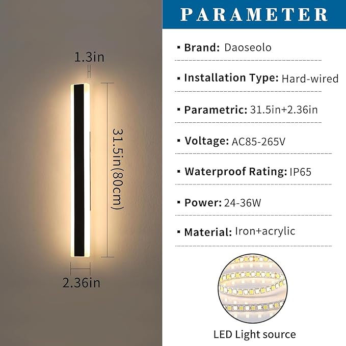 2 Pack Modern Outdoor Wall Sconce, 31.4inch LED Wall Light Fixture, IP65 Waterproof, 31W, Warm White 3000K, Black Minimalist Exterior Lights for House, Porch, Patio, Garage, Garden