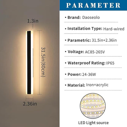 2 Pack Modern Outdoor Wall Sconce, 31.4inch LED Wall Light Fixture, IP65 Waterproof, 31W, Warm White 3000K, Black Minimalist Exterior Lights for House, Porch, Patio, Garage, Garden