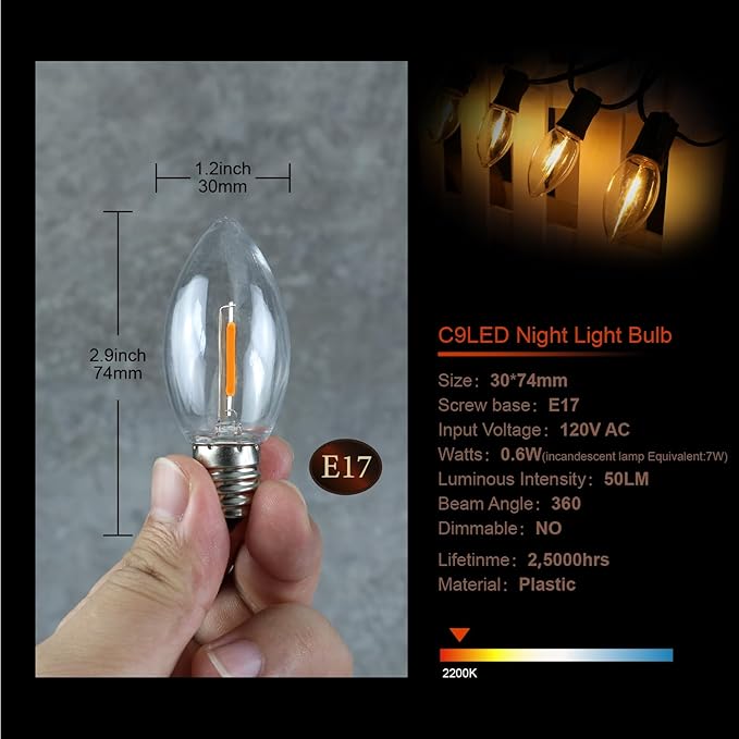 50PACK C9 LED Christmas Light Bulb ，C9 LED Replacement Bulb for Christmas String Lights, E17 Intermediate Base, 2200K Warm White, Commercial Grade Holiday Clear ‎Plastic Bulbs Dimmable Shatterproof