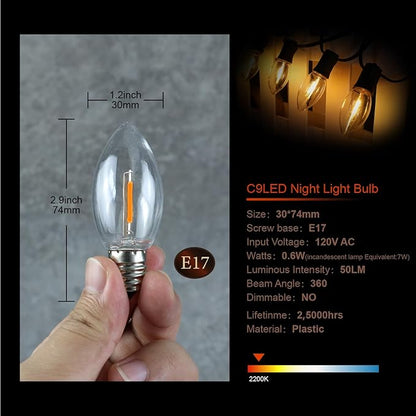 50PACK C9 LED Christmas Light Bulb ，C9 LED Replacement Bulb for Christmas String Lights, E17 Intermediate Base, 2200K Warm White, Commercial Grade Holiday Clear ‎Plastic Bulbs Dimmable Shatterproof