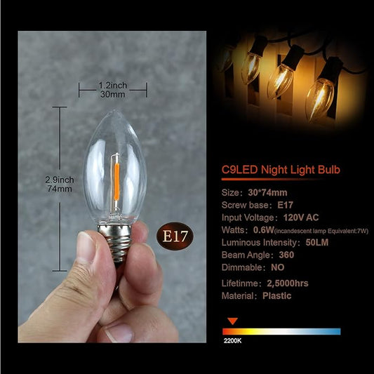 50PACK C9 LED Christmas Light Bulb ，C9 LED Replacement Bulb for Christmas String Lights, E17 Intermediate Base, 2200K Warm White, Commercial Grade Holiday Clear ‎Plastic Bulbs Dimmable Shatterproof