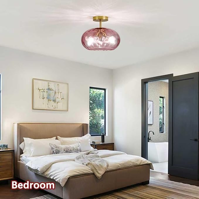 Red Glass Semi Flush Mount Ceiling Light - 12 Inch Hammered Glass Hallway Light fixtures, Vintage Gold Flush Mount Ceiling Light,Mid Century Light Fixture for Entryway Laundry Room Foyer Porch
