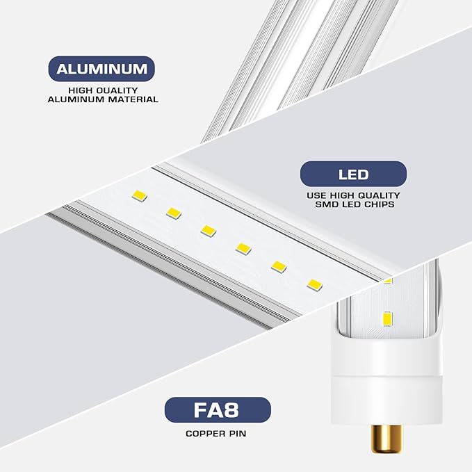 T8 8ft LED Bulbs, F96T12 Led Replacement 8 Foot Led Lights, 6000K 40W 4800LM (100W 8' Fluorescent Equivalent),Single Pin FA8 Base, 110V 120V 277V Input, Clear Cover (10 Pack)