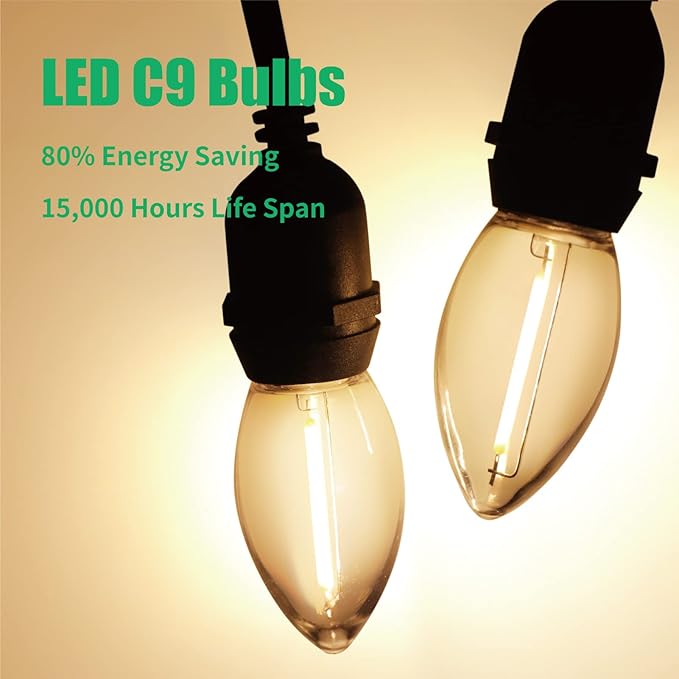 Meconard C9 Led Replacement Christmas Light Bulbs, C9 Shatterproof Plastic Led Bulbs for Christmas Outdoor String Lights, E17 Intermediate Base, Commercial Grade Holiday Bulbs, Warm White, 50 Pack