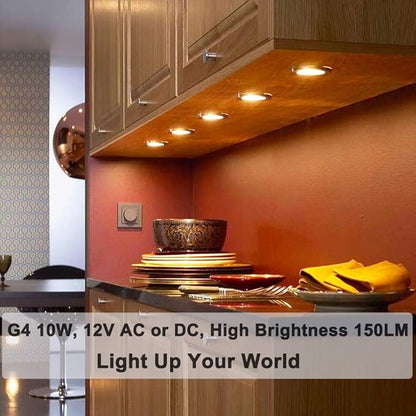 G4 Halogen Bulb, 10 Pack 12V 10W Bi-pin Base, High Output 150LM 3000Hrs Long Lifetime, Dimmable, CRI100 & 2800K Warm White, for Cabinet Light Bulbs
