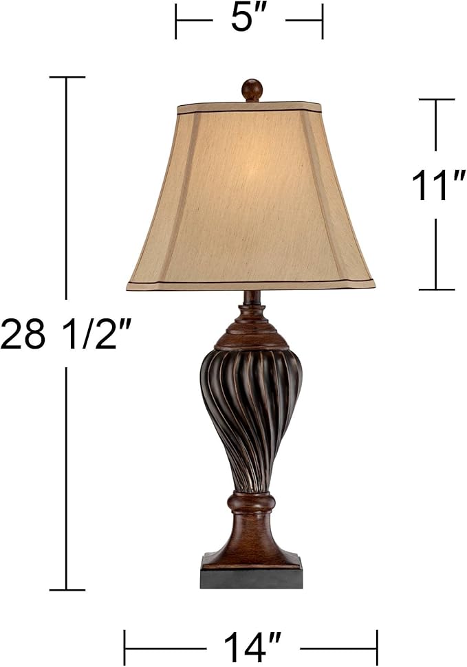 Regency Hill Traditional Style Table Lamp 28.5" Tall Carved Two Tone Brown Urn Shaped Ball Beige Fabric Rectangular Shade for Living Room Bedroom House Bedside Nightstand Home Office