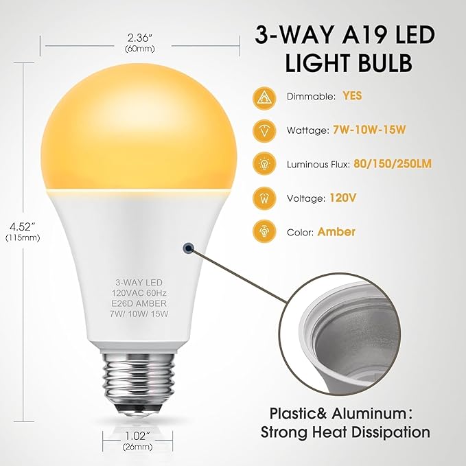 Briignite Amber Light Bulbs, 2 Pack, 3 Way LED Light Bulbs 50 100 150W Equivalent, 1800K Amber Warm Bulbs, Perfect for Reading, Three Way A19 E26 Medium Base