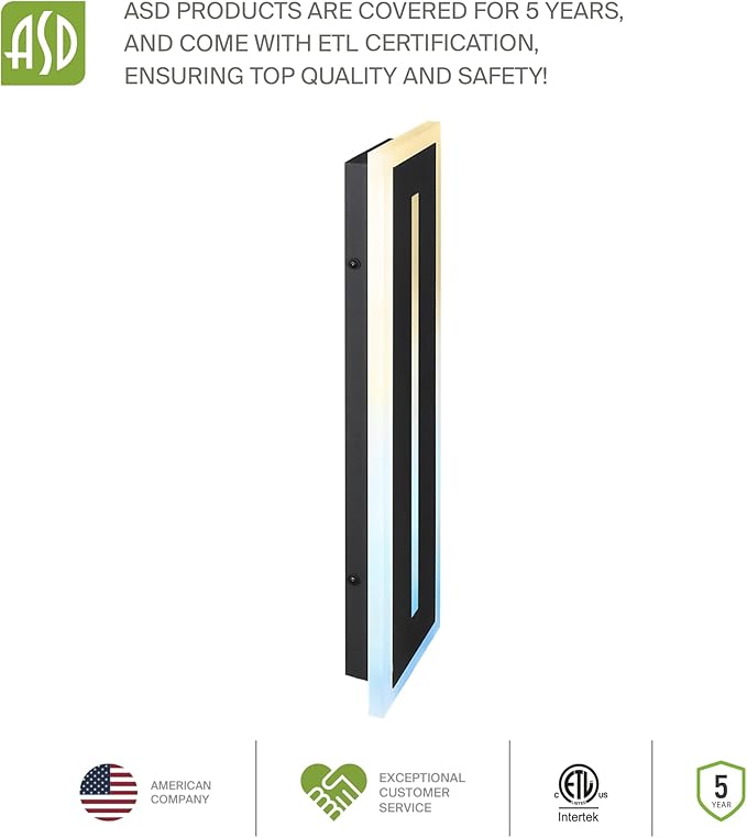 ASD LED 24" Long Wall Mount Light Fixture, Outdoor & Indoor Linear Sconce | 3CCT, Dimmable, Waterproof, Anti-Rust, ETL Listed | 24W 1630LM 3000-5000K 100-277V | Exterior Porch Lighting | Black