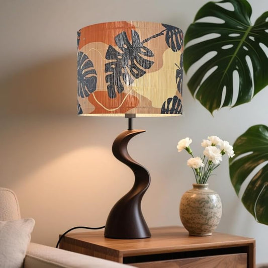 Bamboo Lampshade With Tropical Plants green floral Design, Suitable For Floor Lamps And Desk Lamps, Art deco, Rustic And Elegant, Groovy Unique(11.8 * 9Inch) (Monstera Leaf)