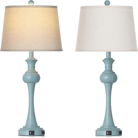 29" Coastal Table Lamp Set of 2, 3-Way Dimmable Touch-Control Bedside Lamps with USB-A+C Ports, Vintage Farmhouse Nightstand Lamps for Bedroom, Retro Blue (Includes 2 LED Bulbs)