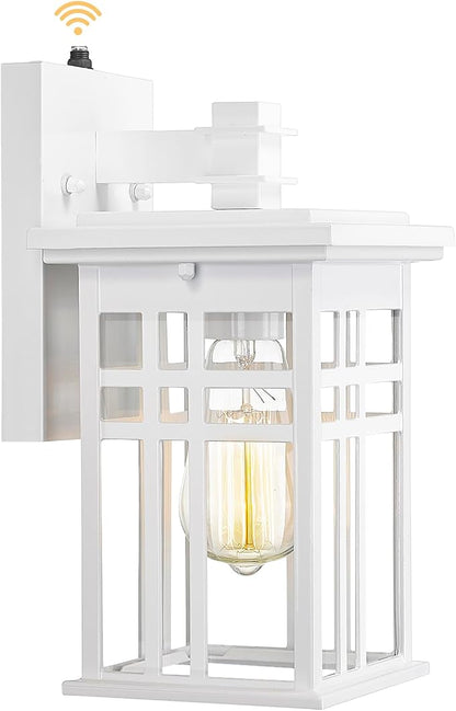 Dusk to Dawn Sensor Outdoor Wall Sconce - HWH Exterior Wall Lantern Light Fixture for Porch, Garage, Doorway, Garden, Glossy White Finish, 5HD27B-PC WH