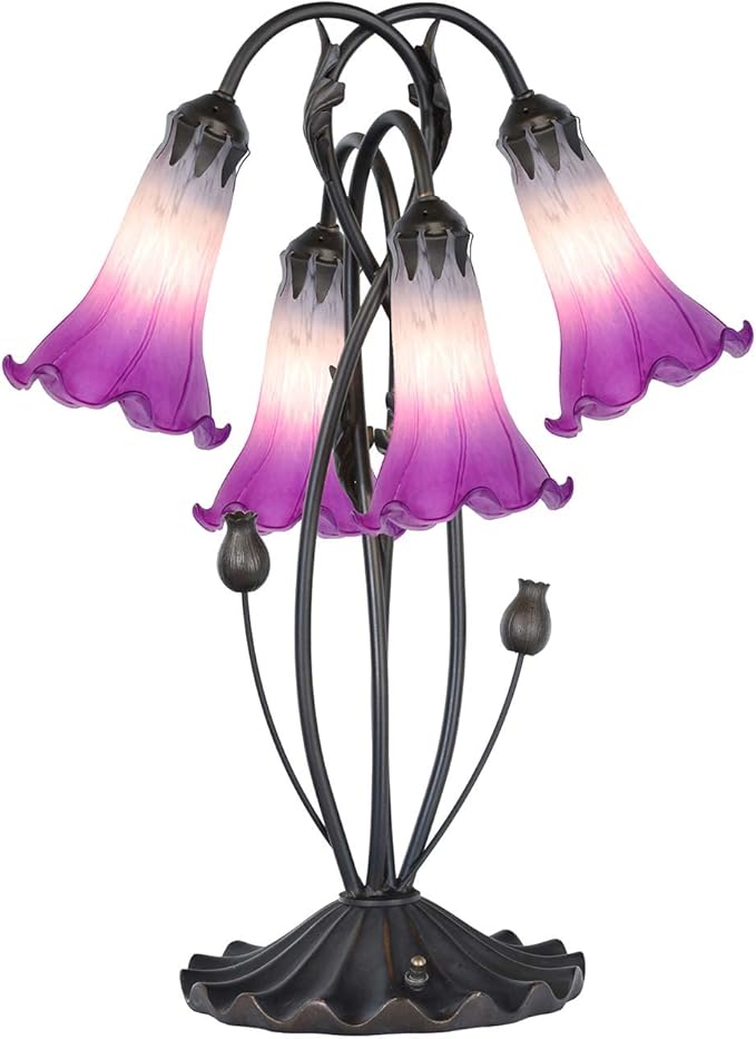 Bieye L10851 Lily Flower Blown Glass Accent Table Lamp for Living Room Bedroom Decoration (4-Light, Purple)