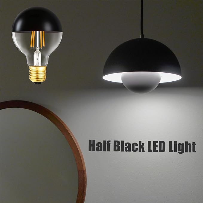 Leools Half Black LED Light Bulbs,Dimmable 6W (Equivalent 60Watt) Edison Bulbs,4000K Daylight White,G80/G25 Half Chrome Dipped Anti-Glare LED Filament Bulbs,Decorative Bulb,CRI 90+ E26 Base Pack of 4