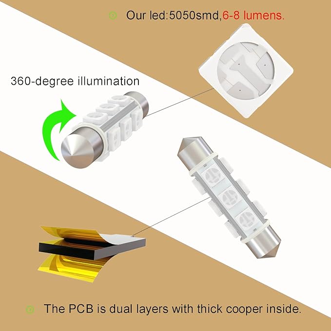 360 deg 44mm DC 24V Festoon LED Bulb 578 569 Amber Yellow,561 562 566 6413 LED Car Bulb for Truck Interior Door Cargo Lights Non Polarity(Pack 6)