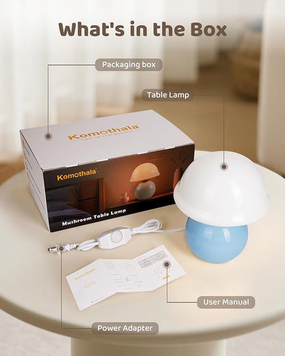 Mushroom Table Lamp for Bedroom, Cozy Bedside Lamp with Glass Shade, Stepless Dimmable Nightstand Lamp for Relaxing Bedroom Decor & Aesthetic Home (Blue)