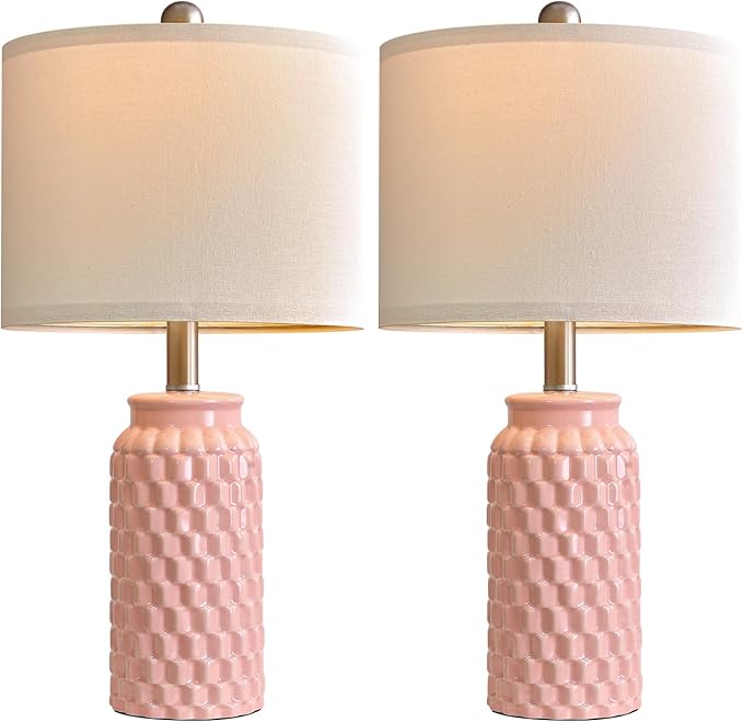 20.5" Set of 2 Bedside Table Lamps Modern Pink Honeycomb Ceramic - Linen Shade, E26 Knob Switch for Living Room, Bedroom & Nightstand