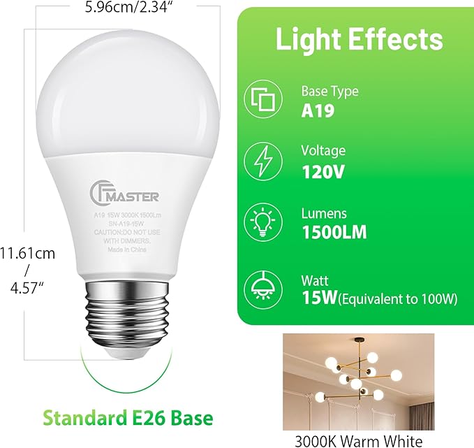 A19 LED Light Bulb, LED Bulbs 100 Watt Equivalent, 3000K Warm Light Bulbs, 1500 Lumens, E26 Standard Base Lightbulb, Non-Dimmable 15 Watt Soft White Bulbs for Home, ETL Listed(10-Pack)