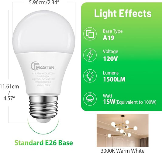A19 LED Light Bulb, LED Bulbs 100 Watt Equivalent, 3000K Warm Light Bulbs, 1500 Lumens, E26 Standard Base Lightbulb, Non-Dimmable 15 Watt Soft White Bulbs for Home, ETL Listed(10-Pack)