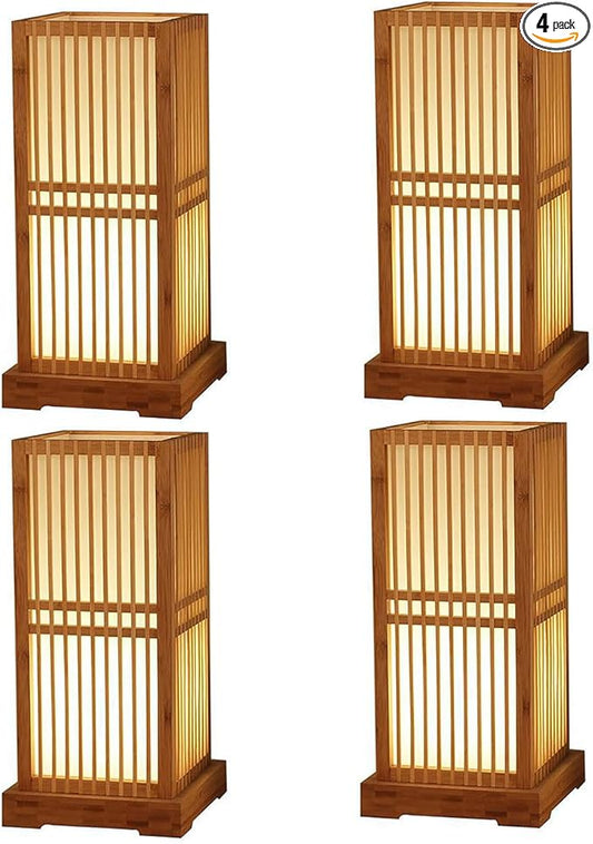 Bepuzz Bamboo Table Lamps Japanese Table Lamp Handmade Lantern Shade Wooden Base Natural Rattan Desk Lamp Eye-Caring Bedroom Bedside Night Light Study Room Desk Light Home Decor Lighting