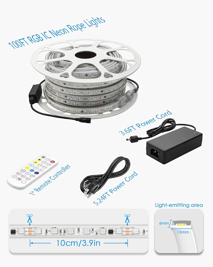 100FT Smart LED Light Strip RGB IC 1 Roll 24V Addressable Outdoor LED Strip Lights Waterproof Multi Color Chasing LED Lights with Remote APP Control Music Sync DIY Design for Bedroom 60 LEDs/M
