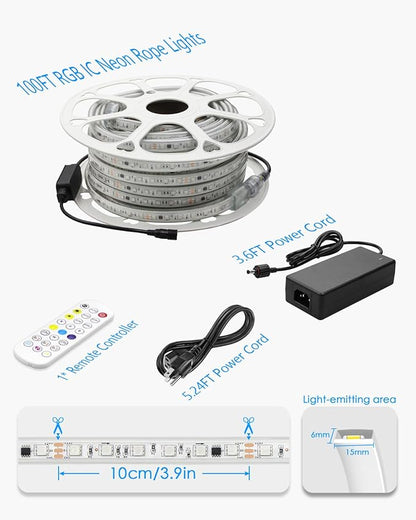 100FT Smart LED Light Strip RGB IC 1 Roll 24V Addressable Outdoor LED Strip Lights Waterproof Multi Color Chasing LED Lights with Remote APP Control Music Sync DIY Design for Bedroom 60 LEDs/M